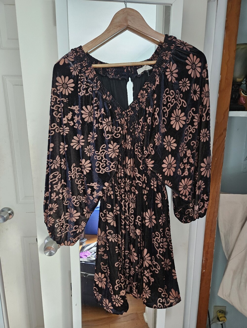 Promesa Black Baby Doll Dress with Pink Velvet Floral Print